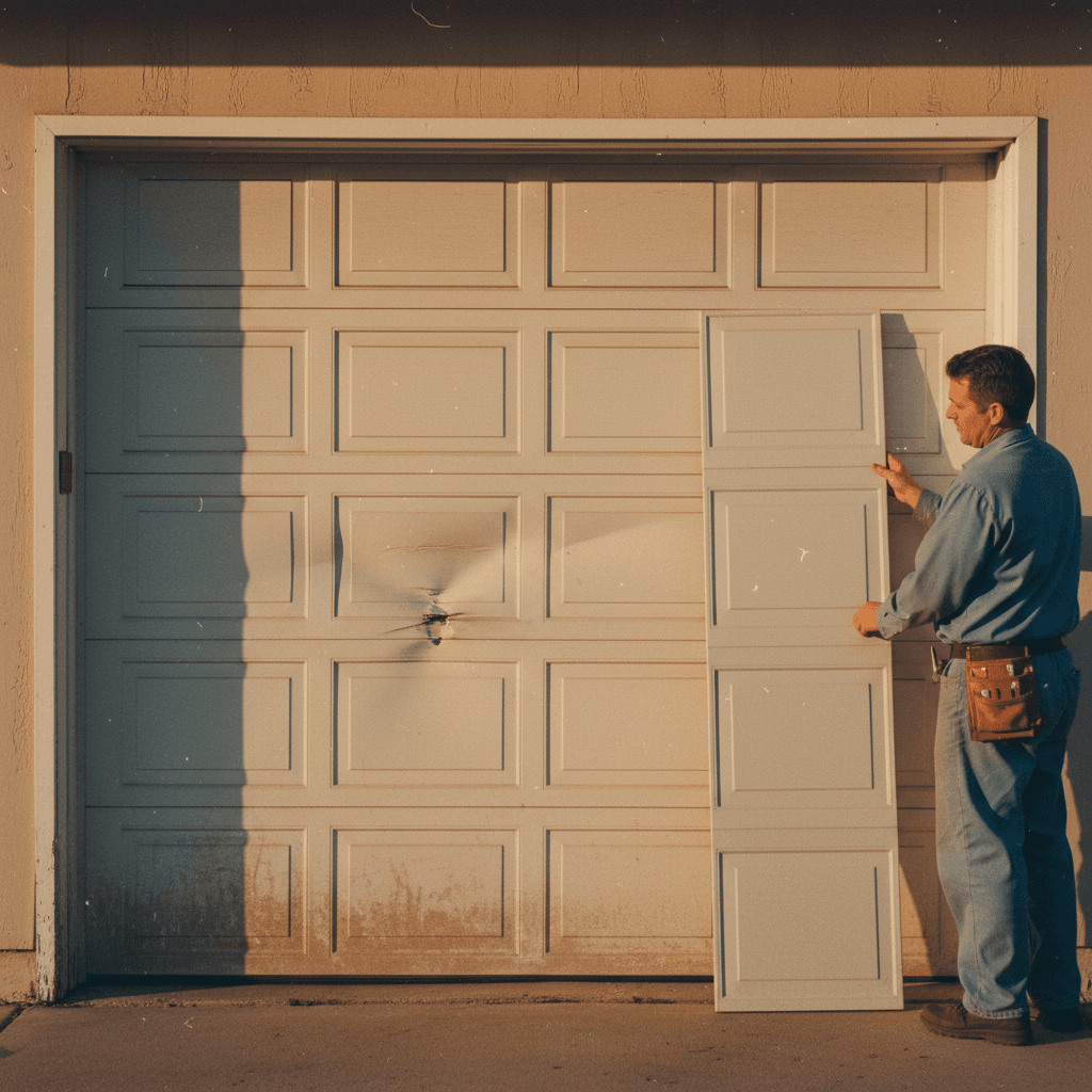 Technician holding replacement panel beside damaged garage door section