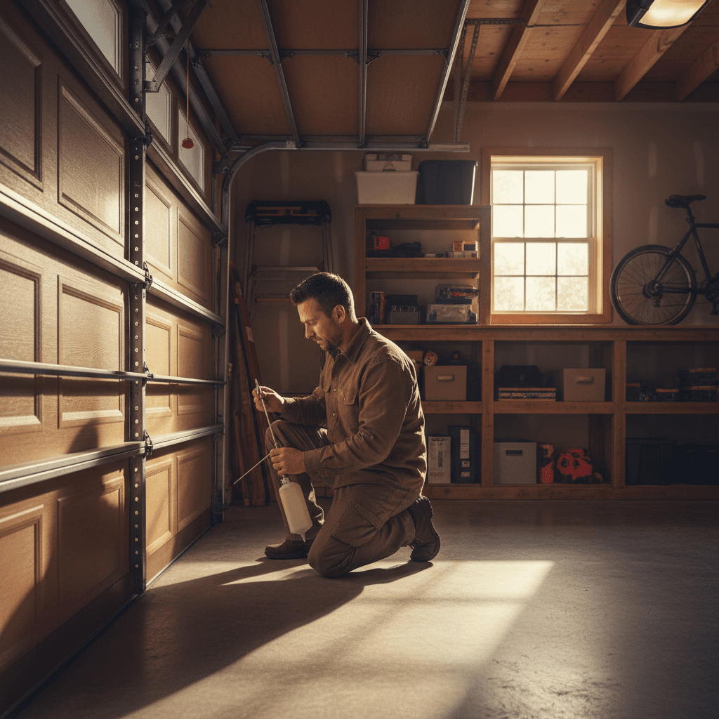 Technician performing garage door maintenance