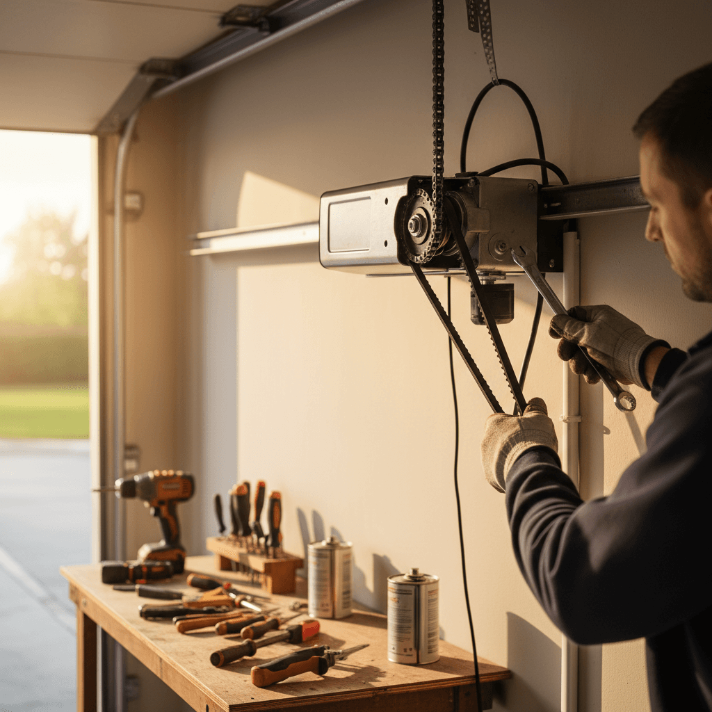 Technician repairing a garage door opener