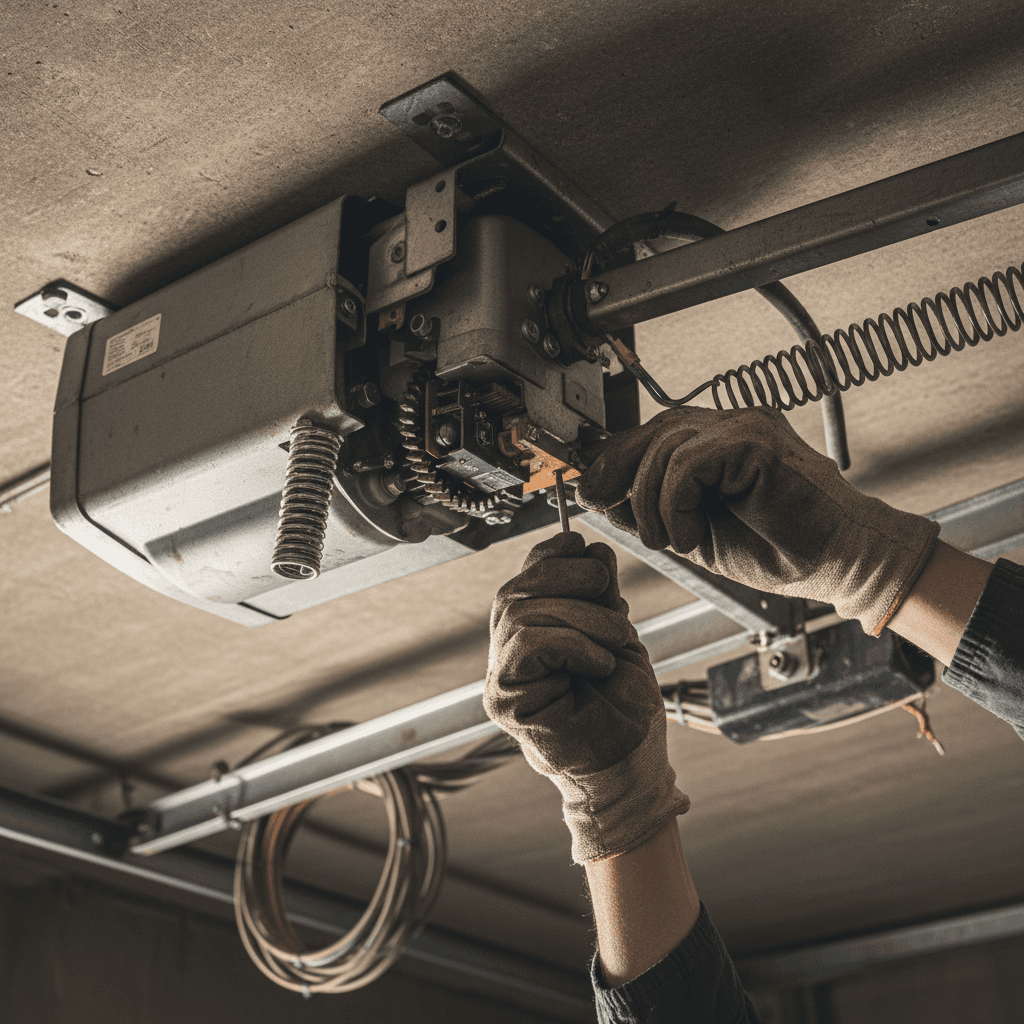 Technician adjusting garage door opener motor and components