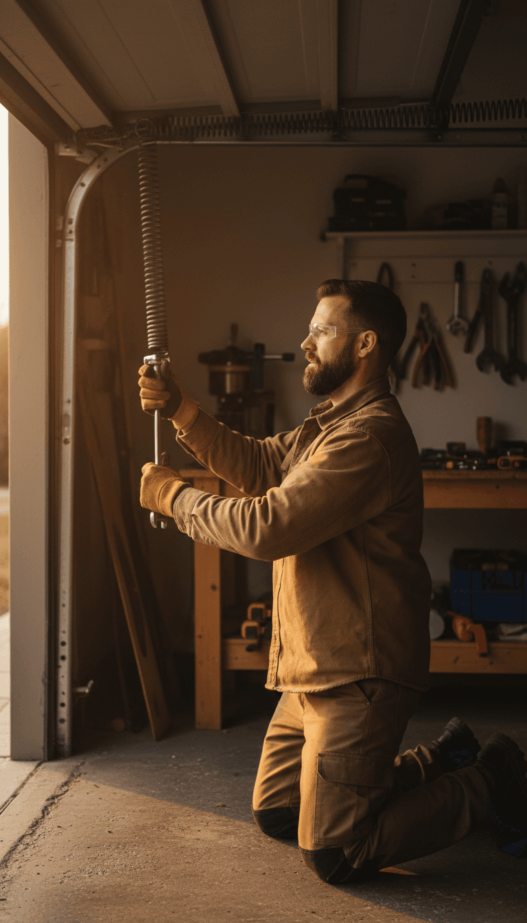 Technician repairing garage door spring