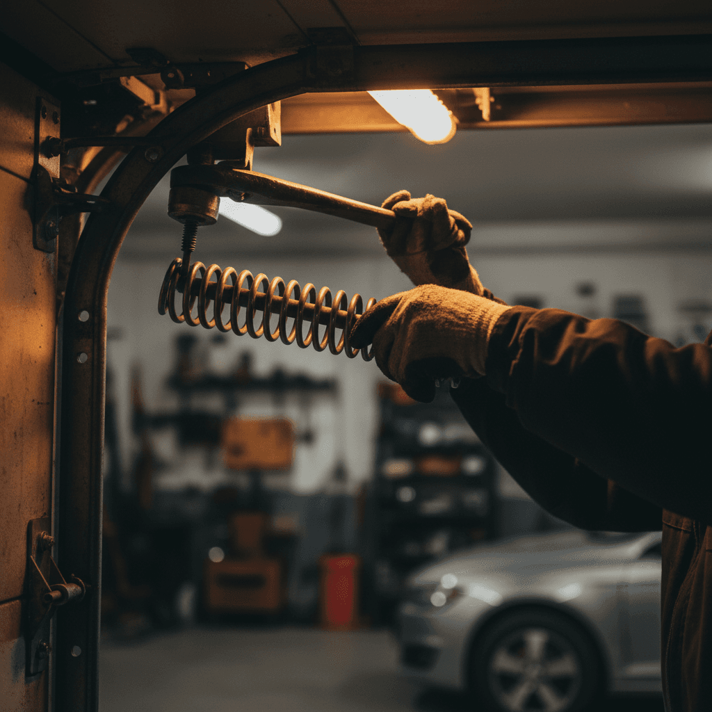 Garage door technician repairing a spring mechanism