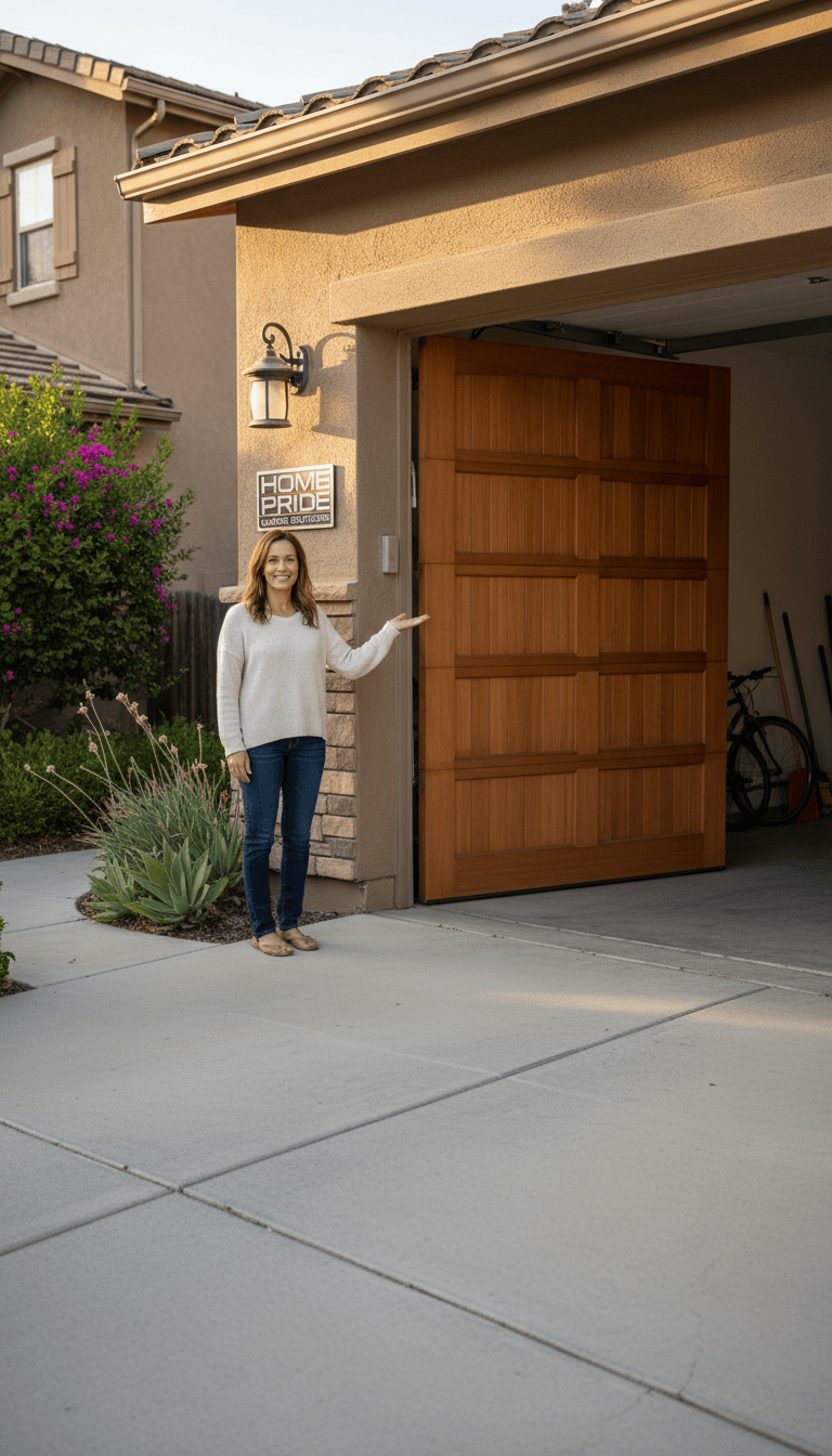 Satisfied customer in front of repaired garage door