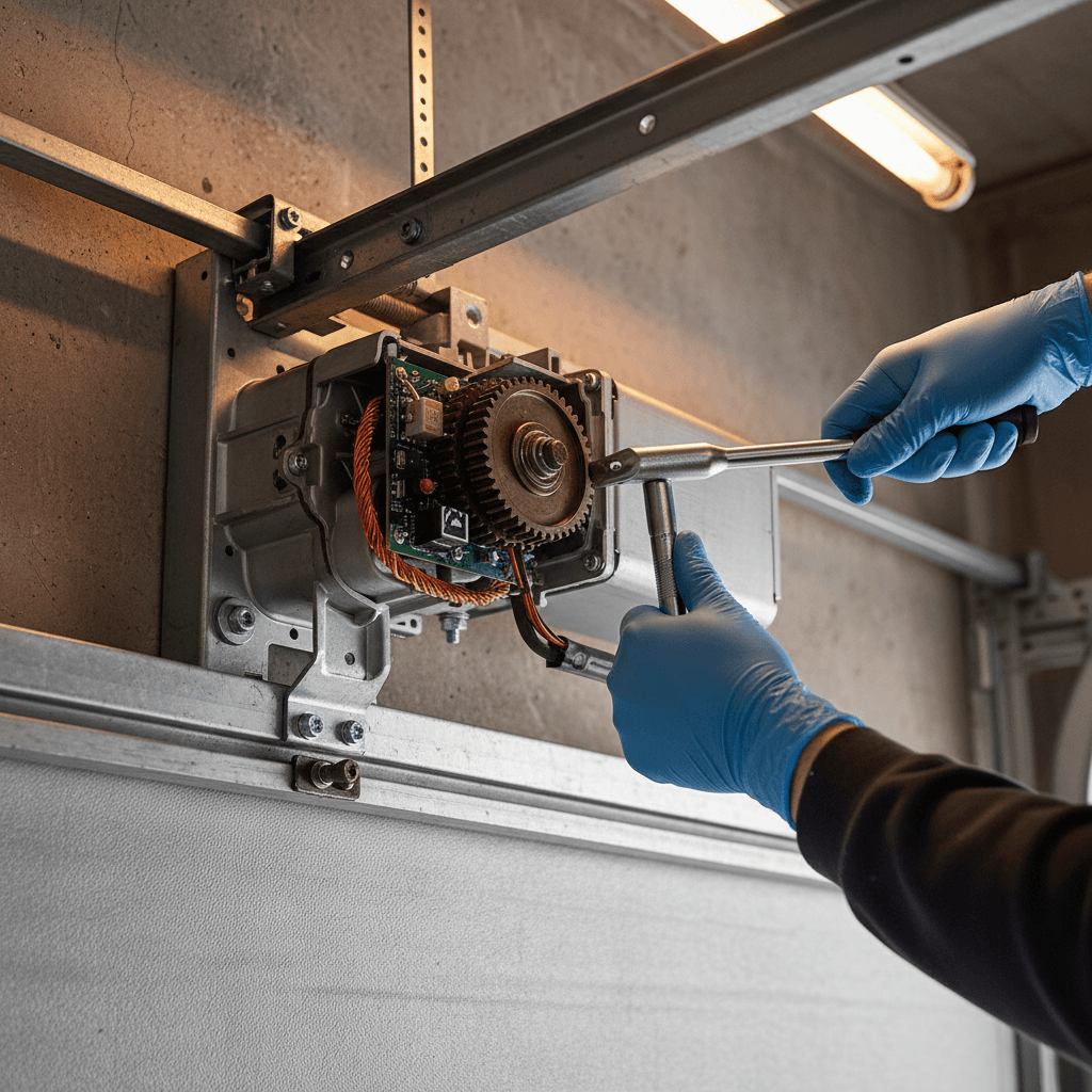 Technician repairing garage door opener