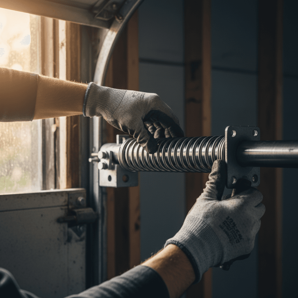 Technician installing a new garage door spring