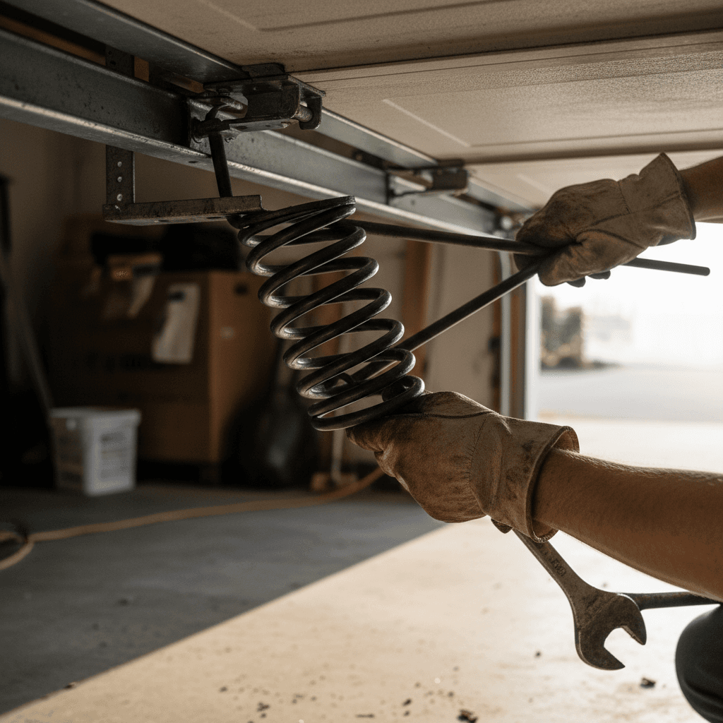 Garage door spring replacement in progress