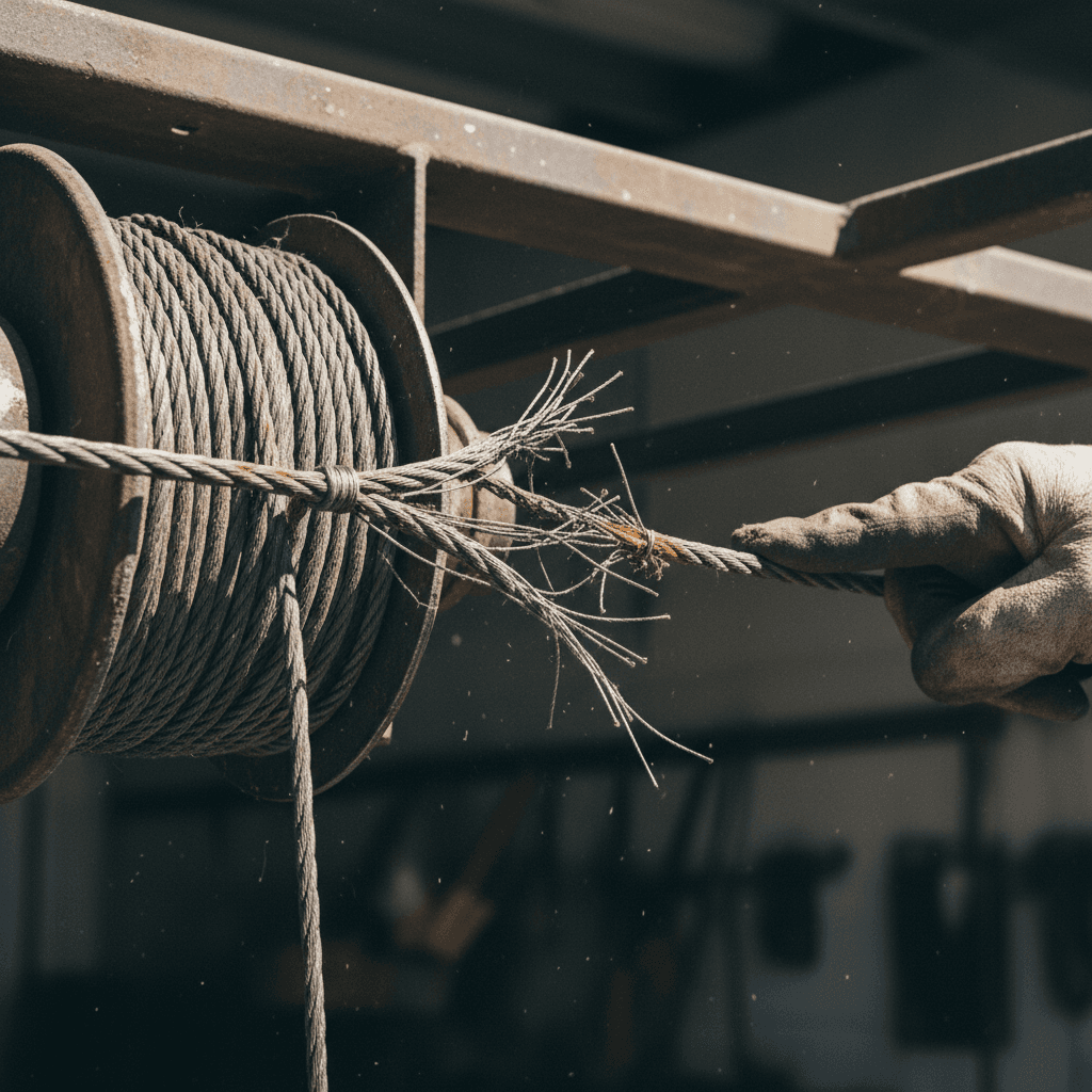 Close-up of worn garage door cable and drum showing damage