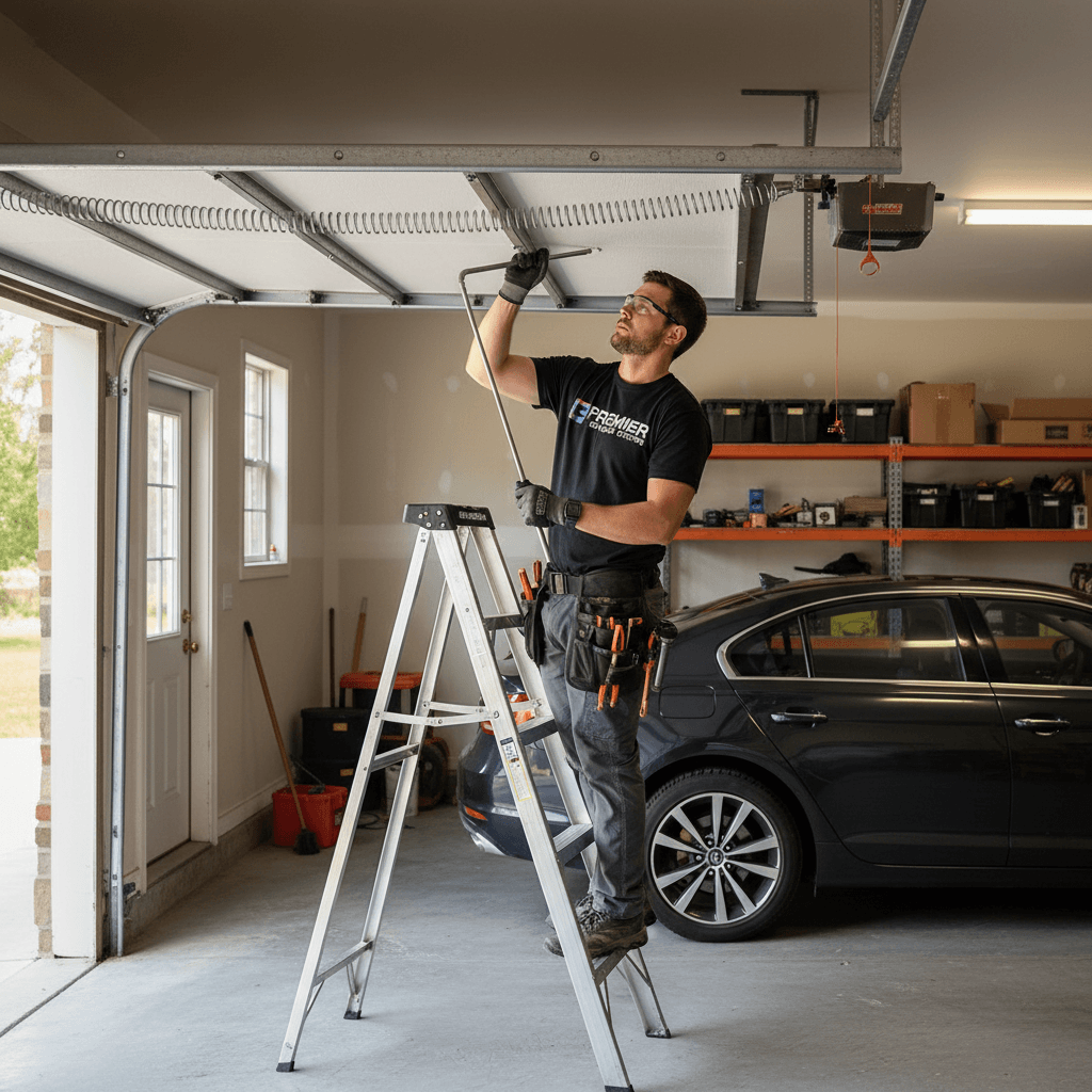 Technician repairing garage door spring