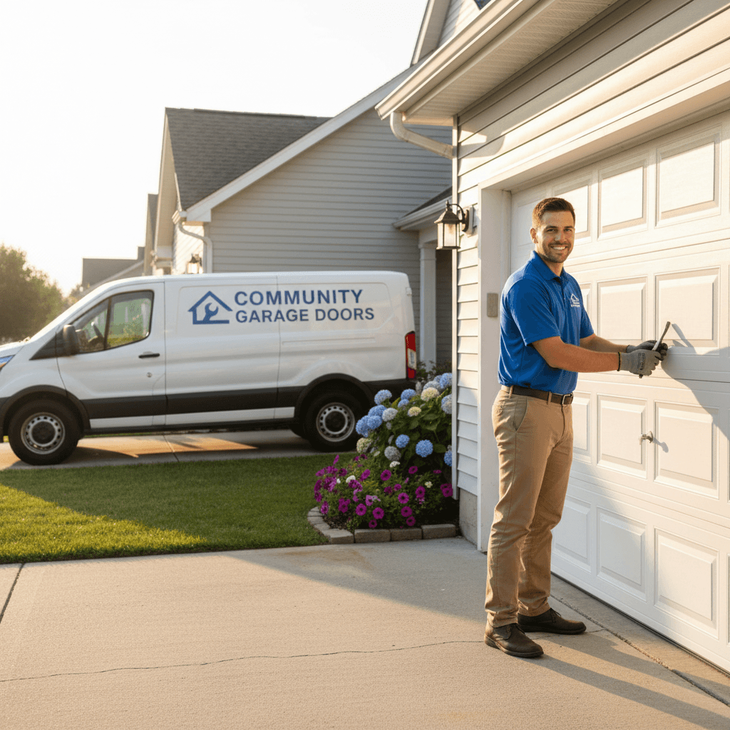 Technician servicing residential garage door