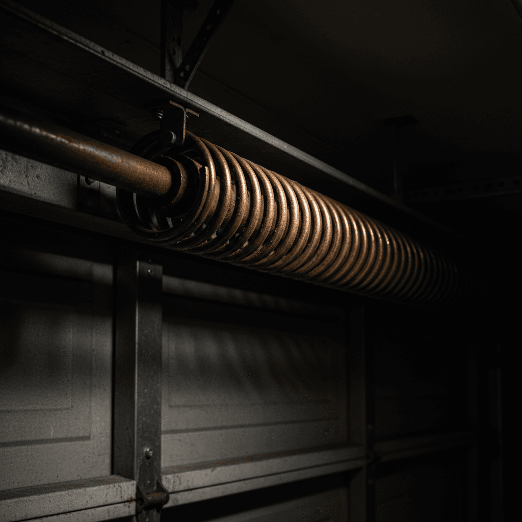Close-up of garage door spring mechanism
