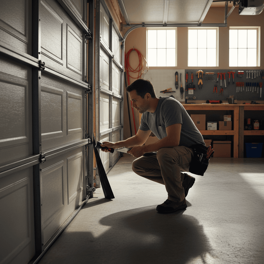 Technician inspecting garage door weatherstripping and seals