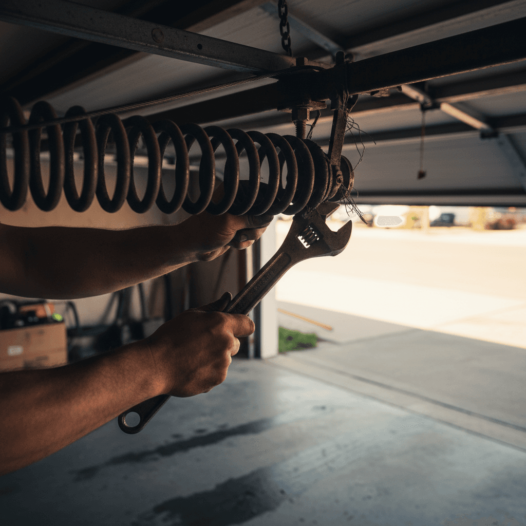 Technician repairing garage door spring