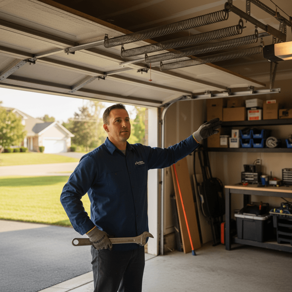 Garage door repair technician explaining opener mechanism to homeowner