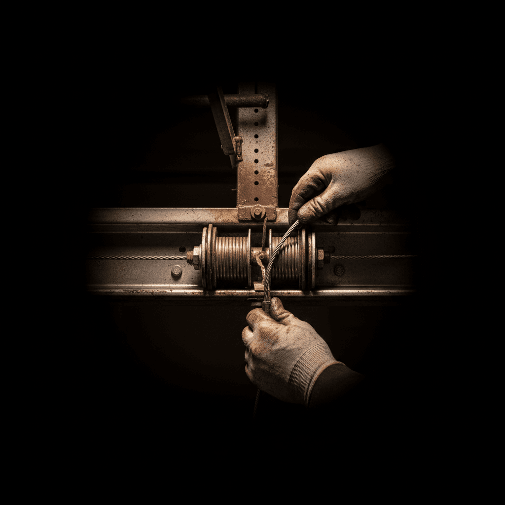 Technician repairing garage door cables