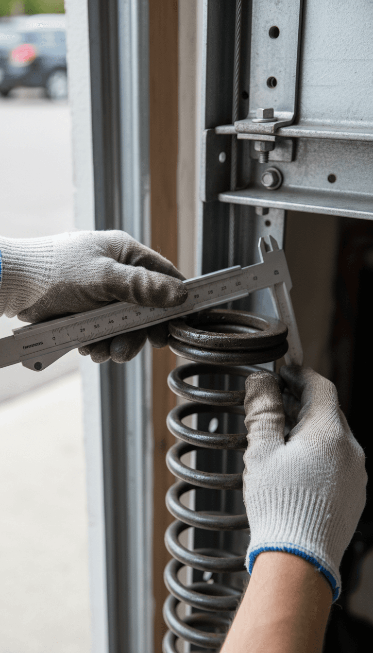 Close-up of garage door spring inspection and measurement