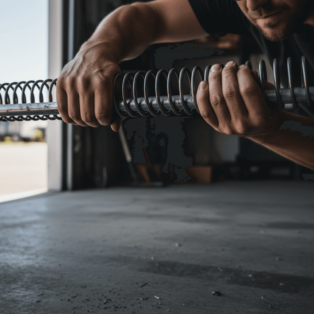Technician repairing garage door spring