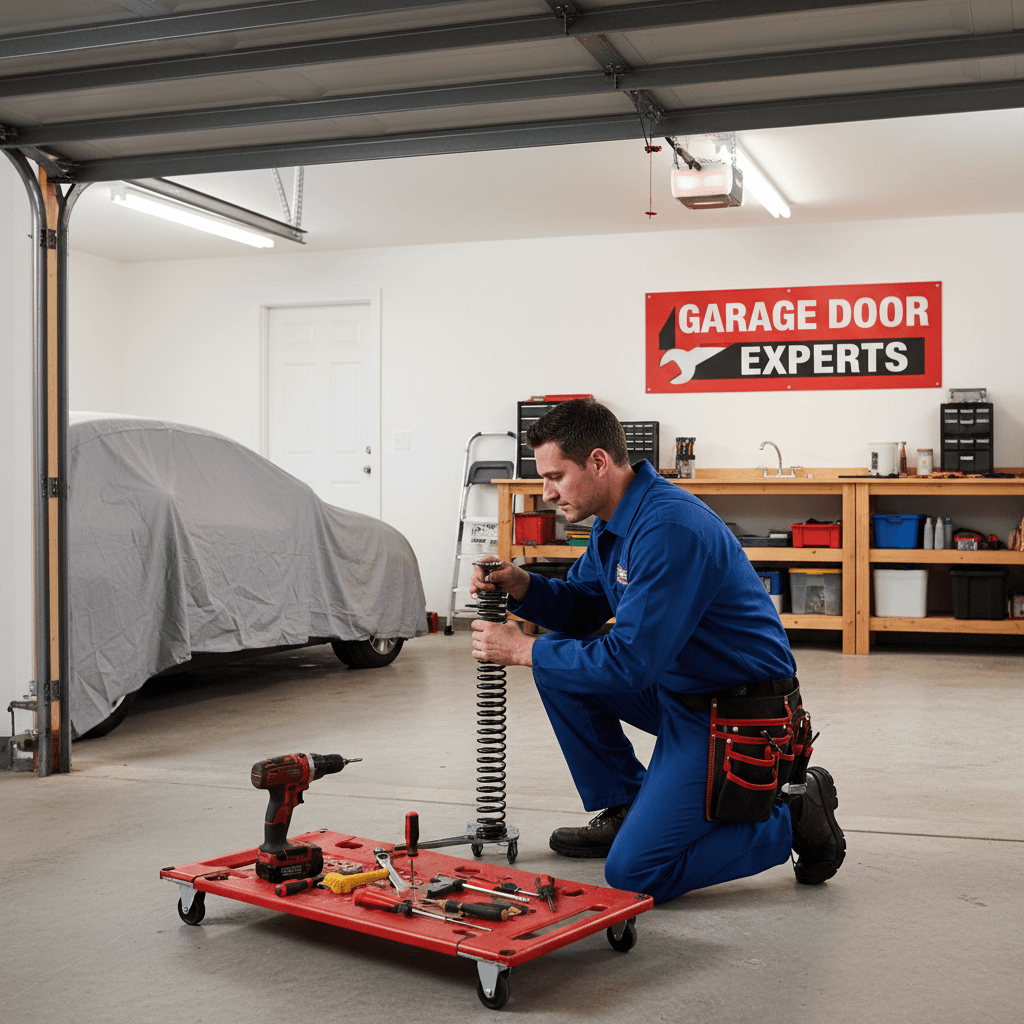 Garage door repair technician at work