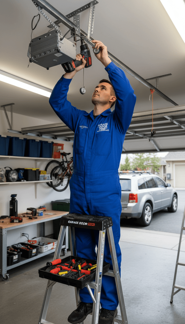 Technician working on garage door spring and opener repair