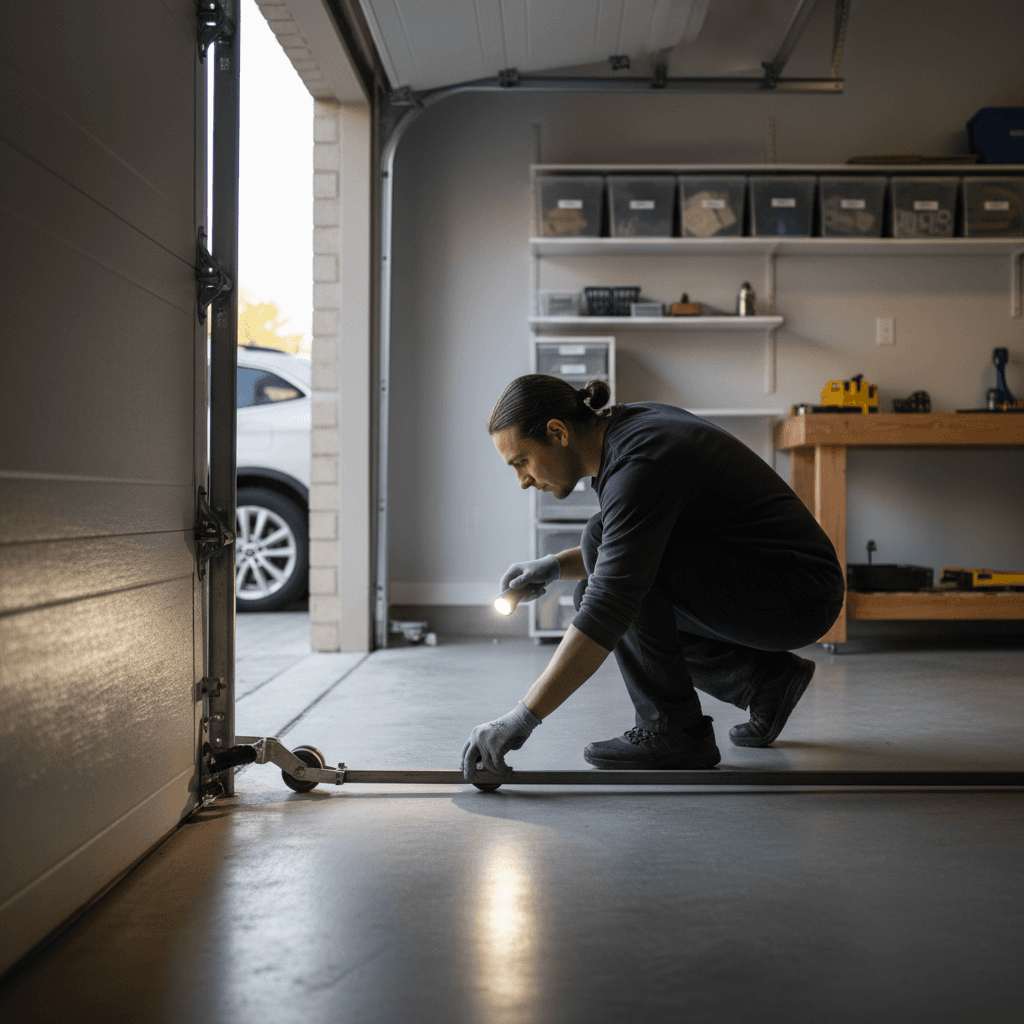Technician performing garage door maintenance inspection
