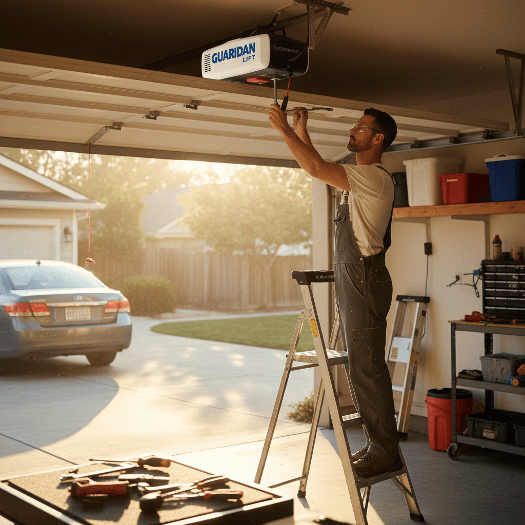 Garage door technician performing repair work