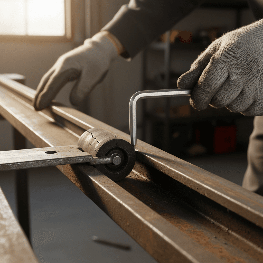 Technician inspecting garage door tracks and rollers