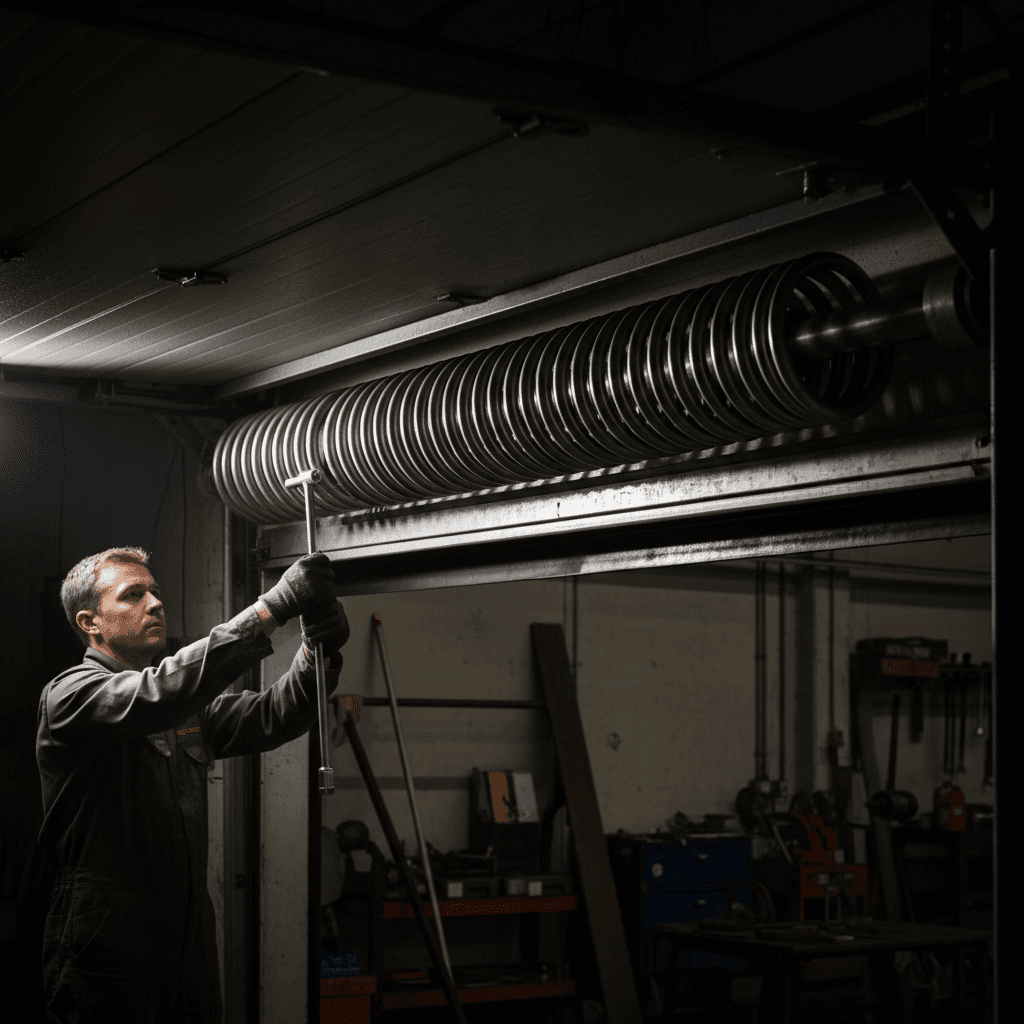 Technician installing new torsion spring on garage door