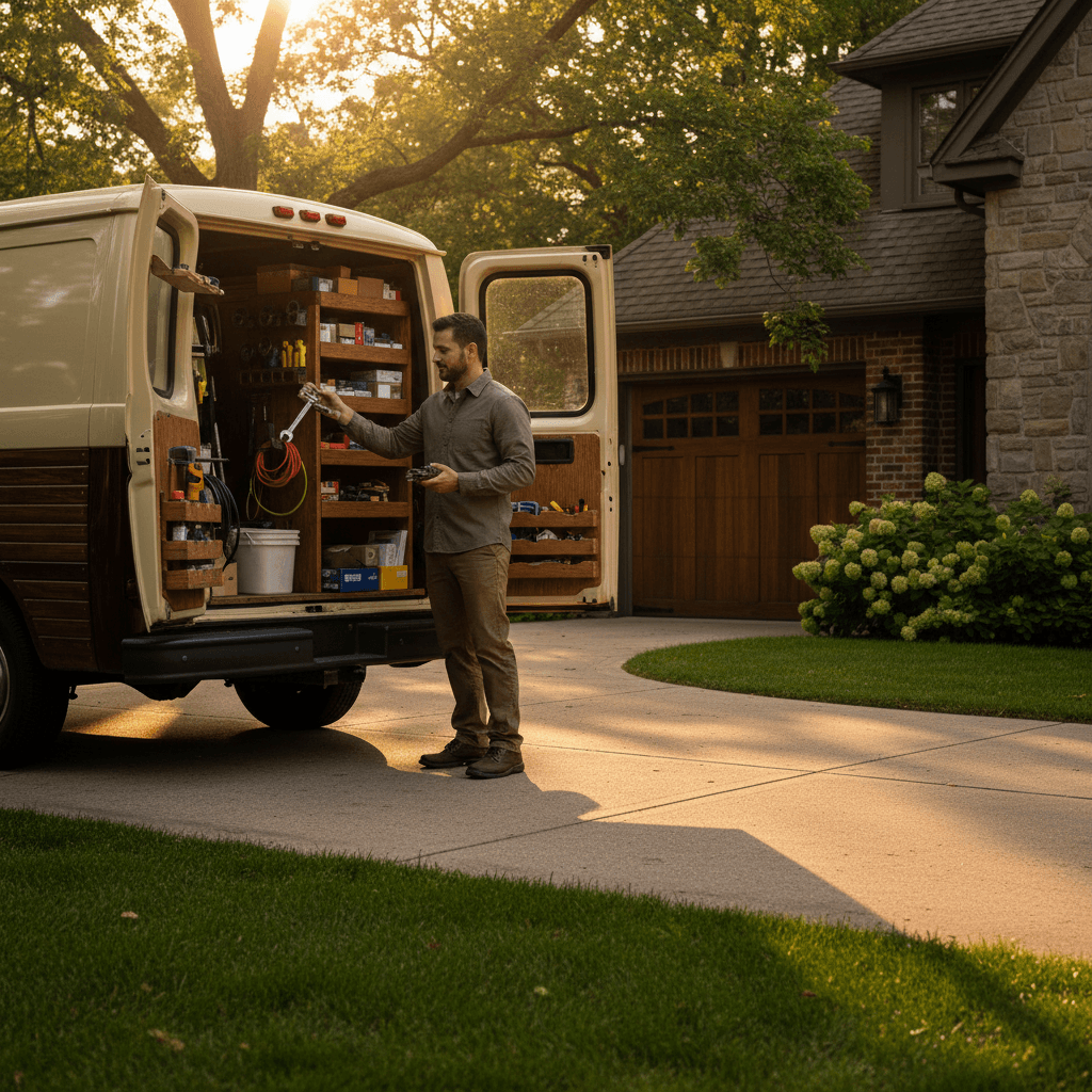 Fairway technician retrieving tools from service van at residential home