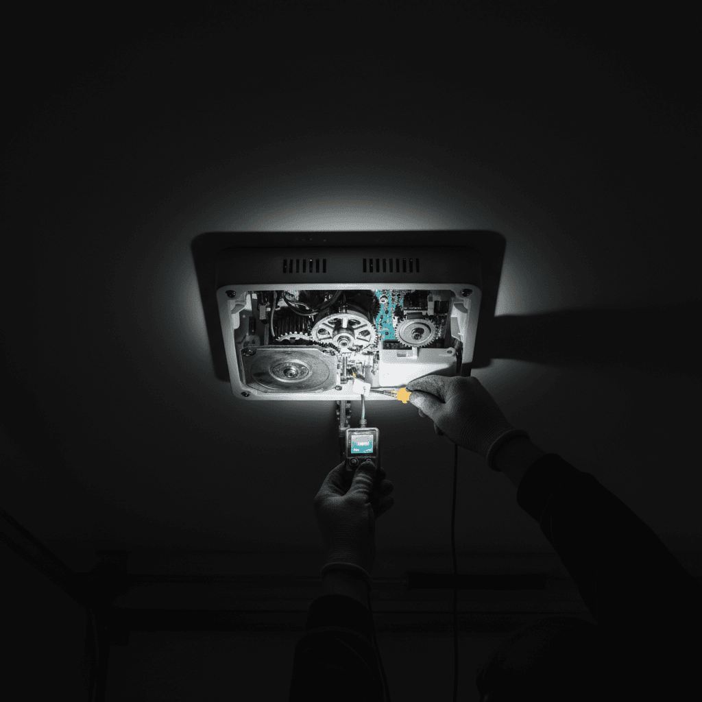 Garage door opener being diagnosed and repaired