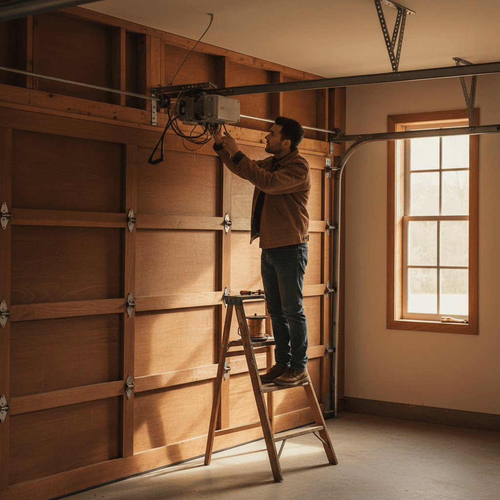 Technician repairing a garage door opener