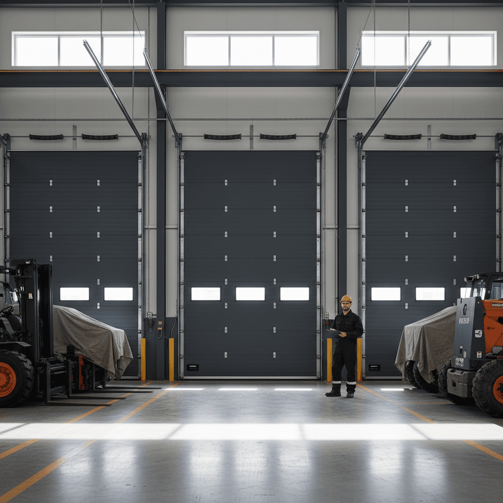 Commercial garage door bay and technician